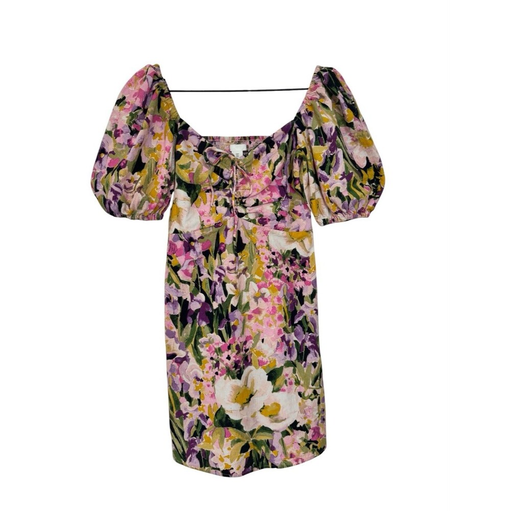 H&M Pink, Purple & Green Floral Smocked Mini Dress - Size Small